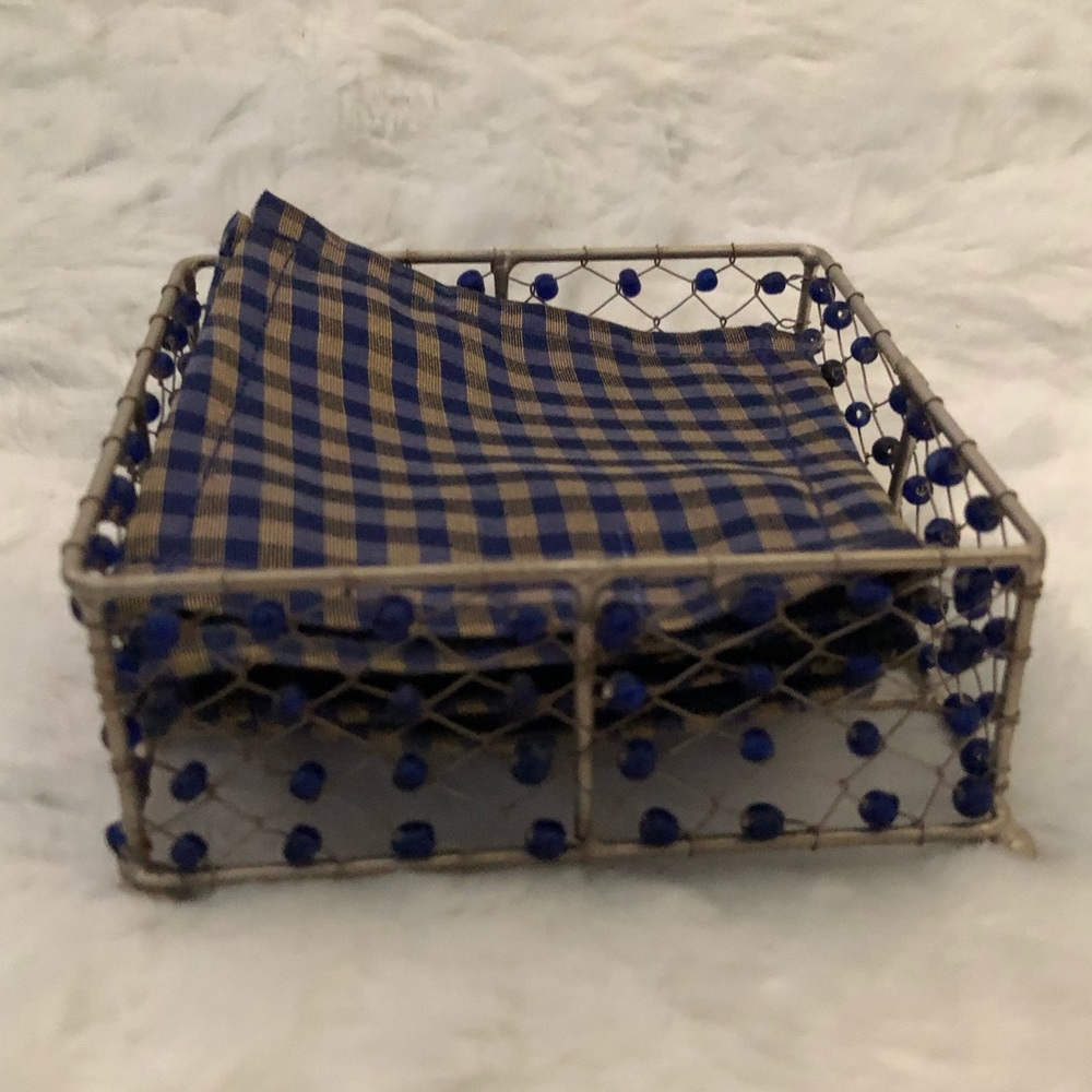 Satin Blue & Gold Plaid Fabric Placemats in Metal Beaded Basket